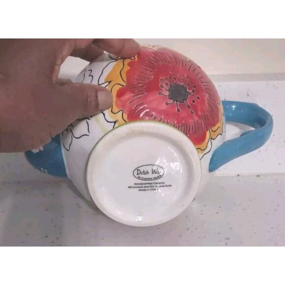 Vintage Dutch Wax Teapot Red Blue Floral Coastline Imports Ceramic - Picture 9 of 9